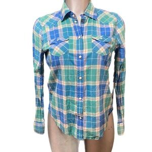 American Eagle Plaid Western Shirt Favorite Fit Pearl Snap Buttons Cowgirl Rodeo